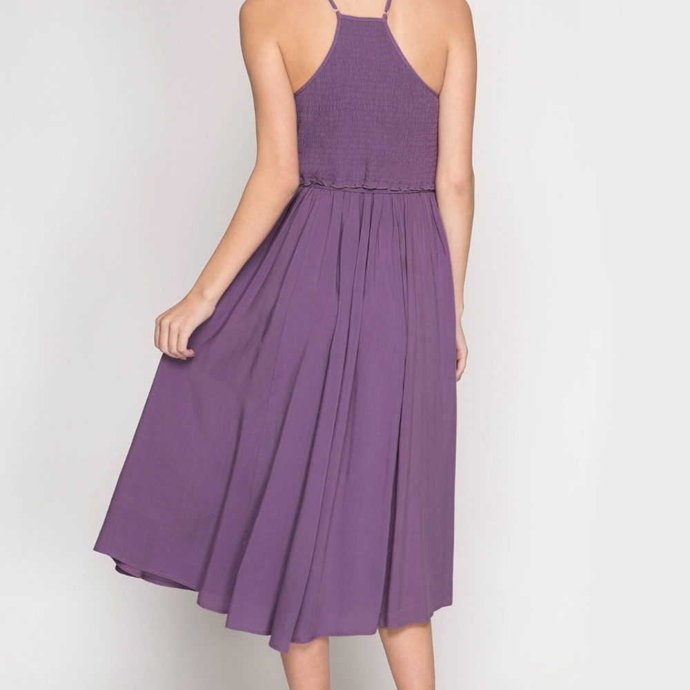 Misty Purple Smocked Midi Dress Flirty Romantic ! - Picture 3 of 4